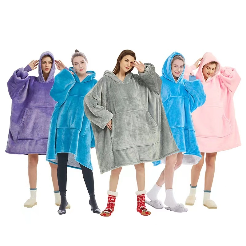 Wholesale Adults Hoodie Wearable Lengthen Blanket with Sleeves and Pocketsdouble Layers Oversized Blanket