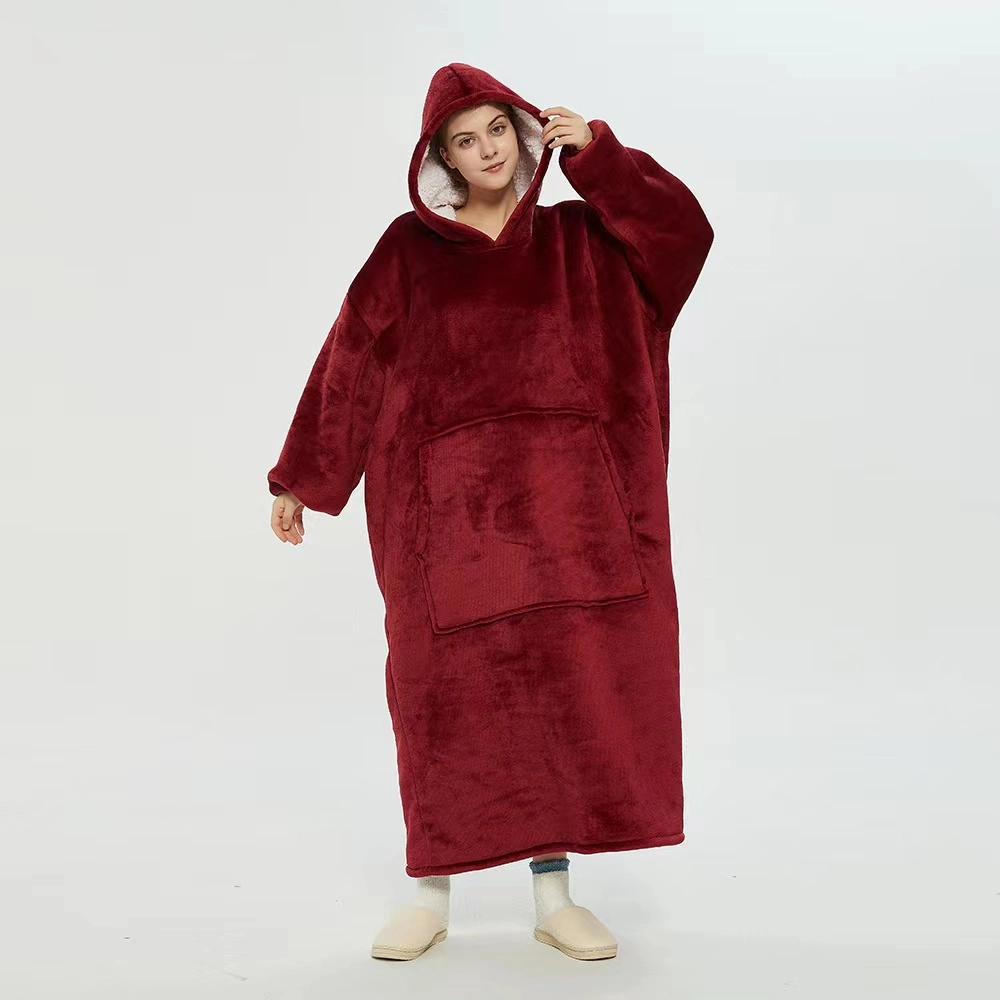 Wholesale Adults Hoodie Wearable Lengthen Blanket with Sleeves and Pocketsdouble Layers Oversized Blanket